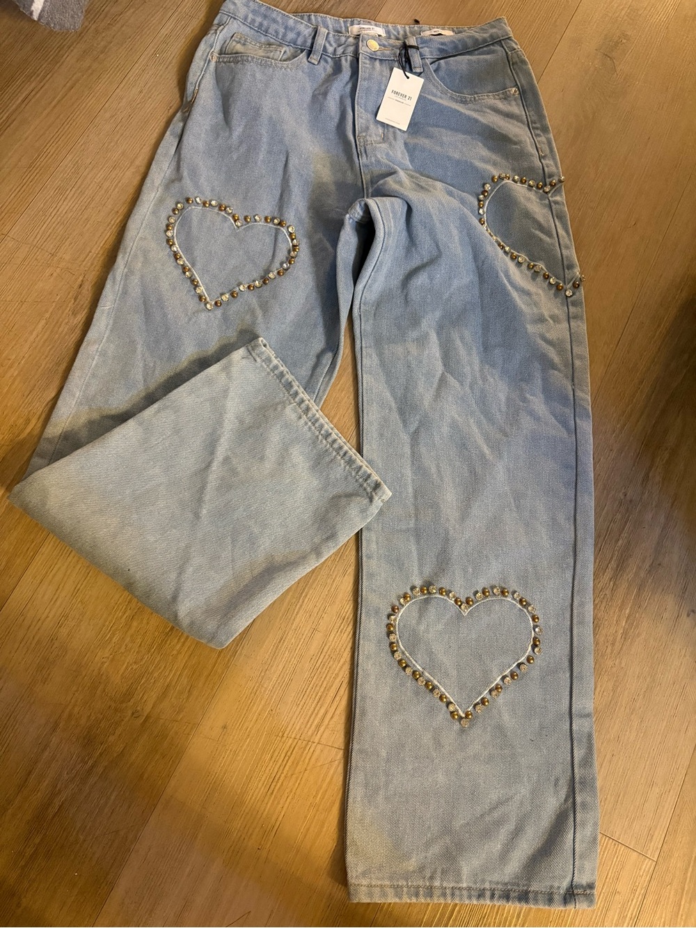 Forever 21 Light Blue Straight-Leg Jeans with Heart Studs #A